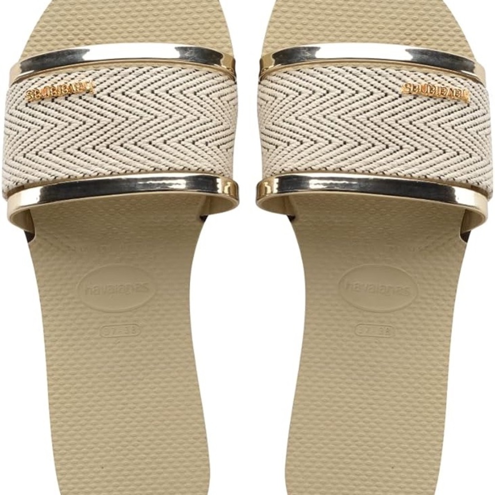 Havaianas You St. Tropez Beige Slide Sandals with Gold Trim - 10/11